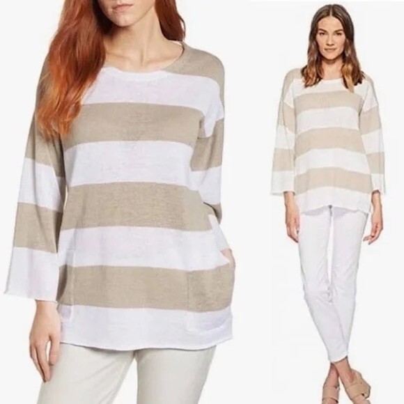Eileen Fisher 100% Organic Linen Striped Color Block Long Sleeve Sweater Size M - Picture 1 of 10